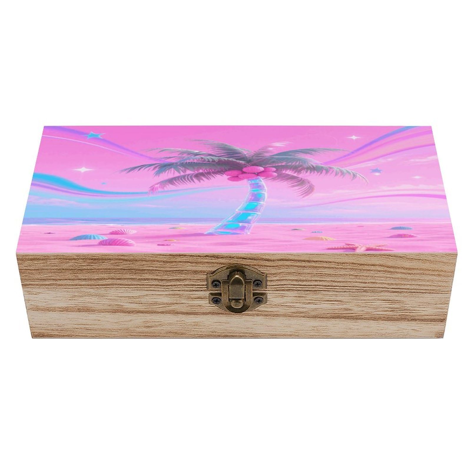VstaDank Hologram Palm & Pink Sand Wooden Storage Box Vintage Wood Box with Lid Large Wooden Jewelry Boxes DIY Wood Gift Boxes Exquisite Jewelry Case Art Stash Keepsake Storage Case