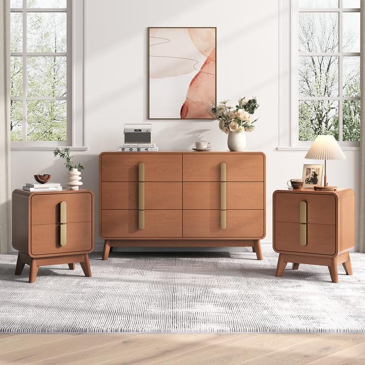 Image of JOINICE Mid Century Modern Dresser and Nightstand Sets for Bedroom, Cherry | Night Stand Set of 2 with Matching 47 inch Dresser, Large Chest of Drawers for Storage with Gold Handles, 3 Pieces Accent Set