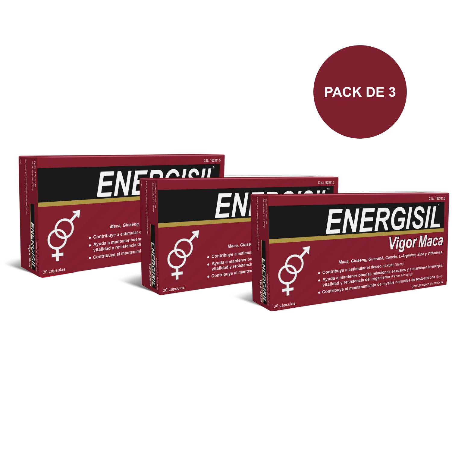 Energisil Vigor Maca 30 Cápsulas - Pack de 3 Unidades - Contribuye a Estimular el Deseo Sexual y a Mantener los Niveles de Testosterona - con Maca, Ginseng, Canela, L- Arginina, Zinc y Vitaminas
