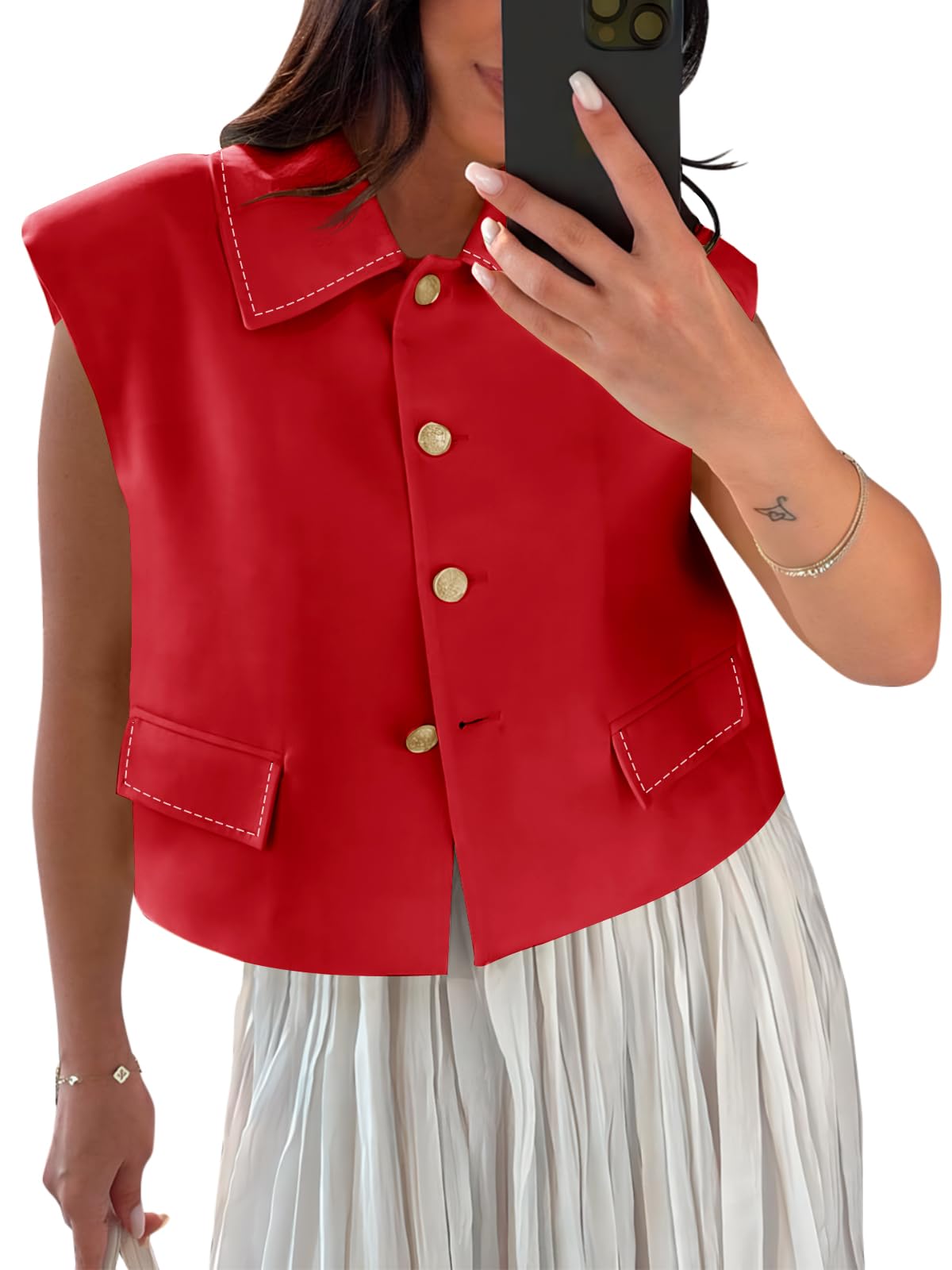 Tankaneo Womens Cropped Suit Vest Tops Cap Sleeve Lapel Collar Button Down Trendy Casual Blazer Waistcoats