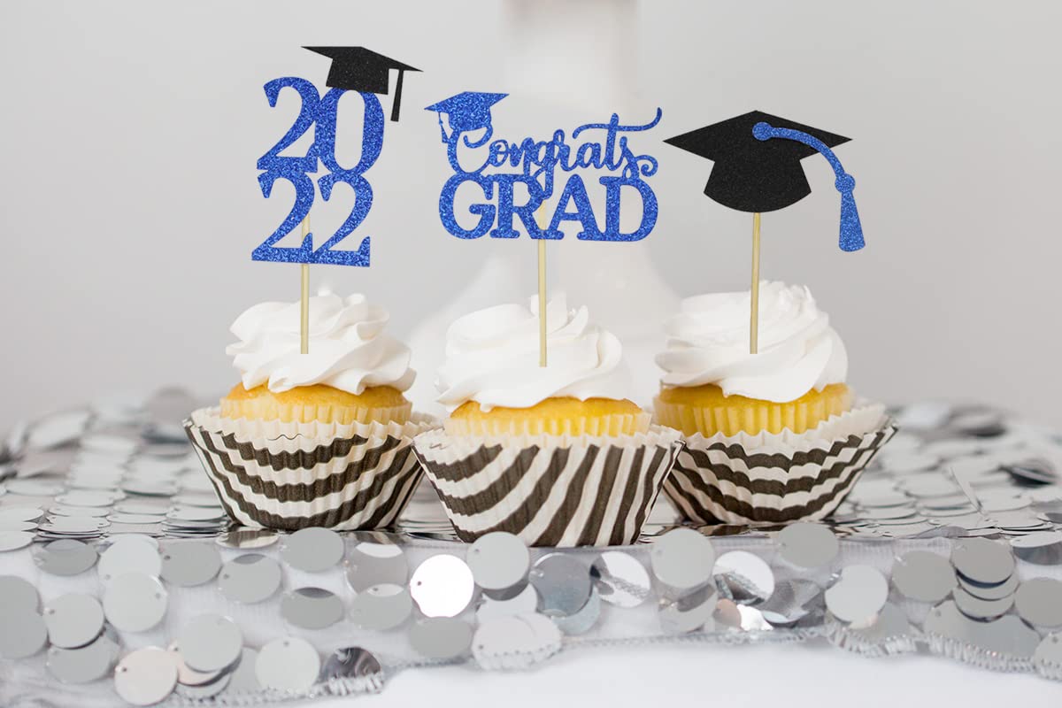 Graduation Cupcake Toppers 2022 Blue, Glitter Class of 2022 Cupcake
