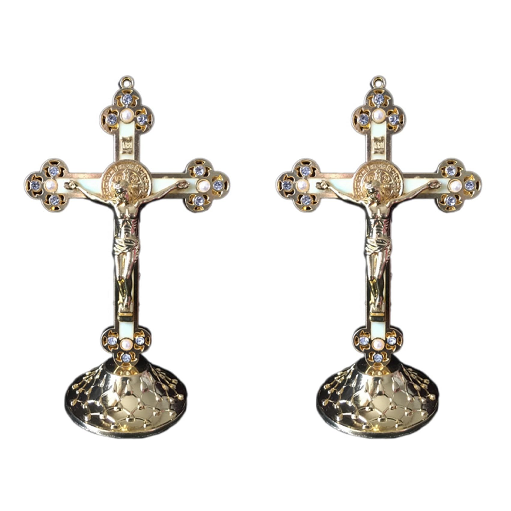Crucifix debout en alliage doré avec socle pour décoration de maison chrétienne - Lot de 2
