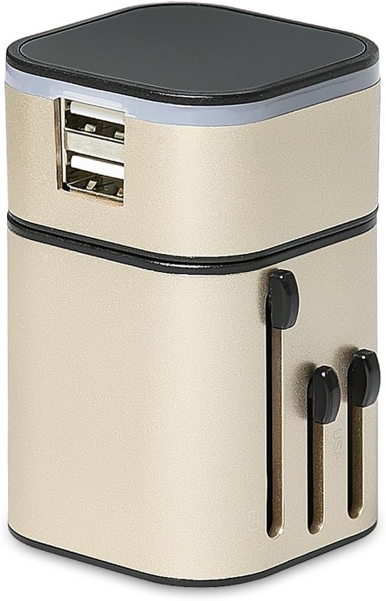 Worldwide Travel Adaptor,Universal International Travel Charger with Dual USB Charging Ports [USB Power Rating of 5V/3200mA] for Apple, iPod, iPad, Android Smartphone and Digital Cameras (Gold)