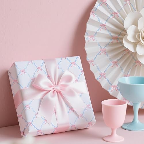 Miniatura 4 de 60 hojas de papel de seda para envolver regalos a granel, papel de seda estampado de líneas azules con lazo rosa para bolsas de regalo, papeles
