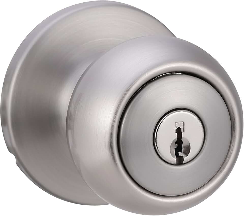 Exterior Door Knob With Lock, Coastal, Easy to Install, 2 Keys, Satin Nickel