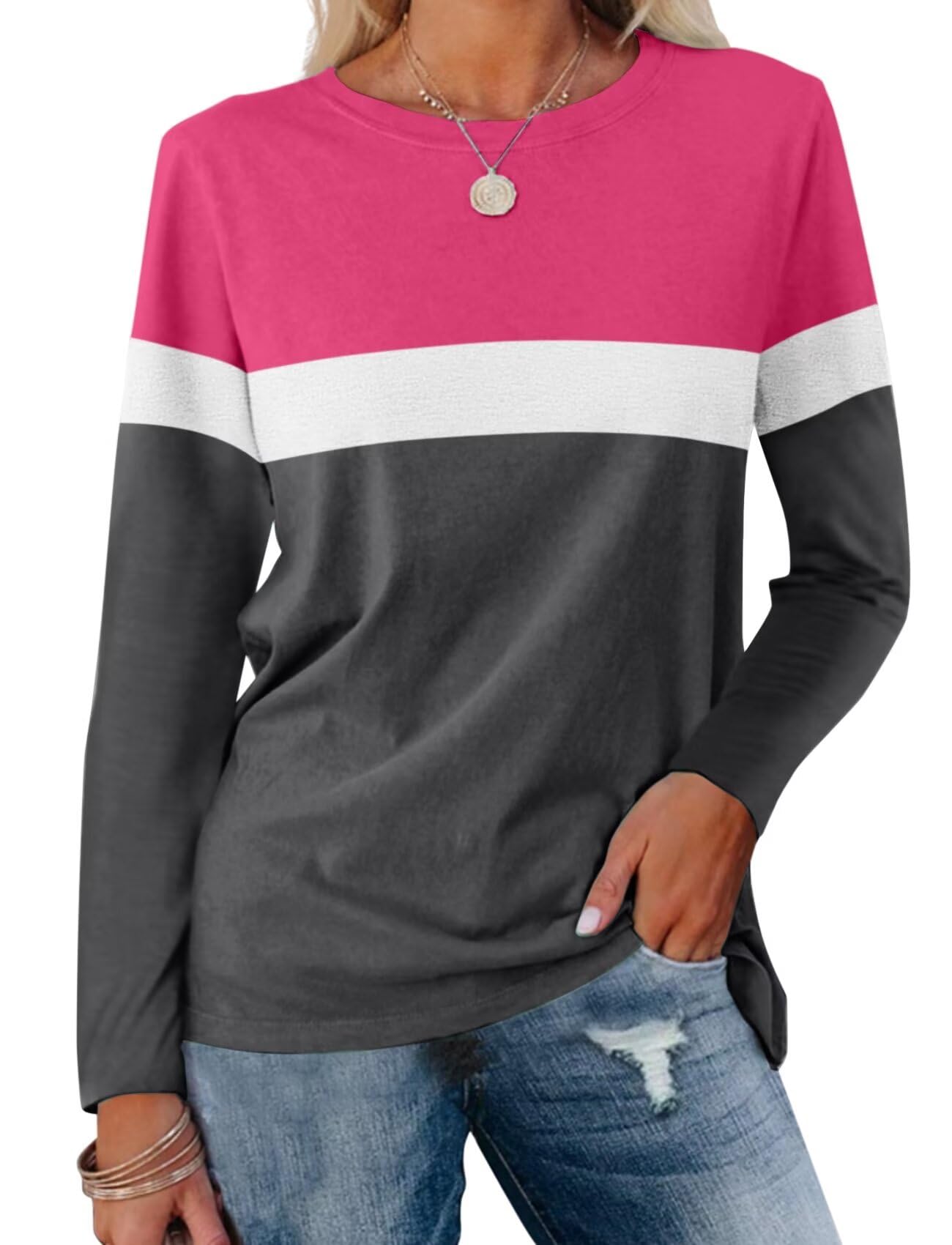 Women's Color Block Tunic Tops Casual Long Sleeve Shirts Round Neck Pullover