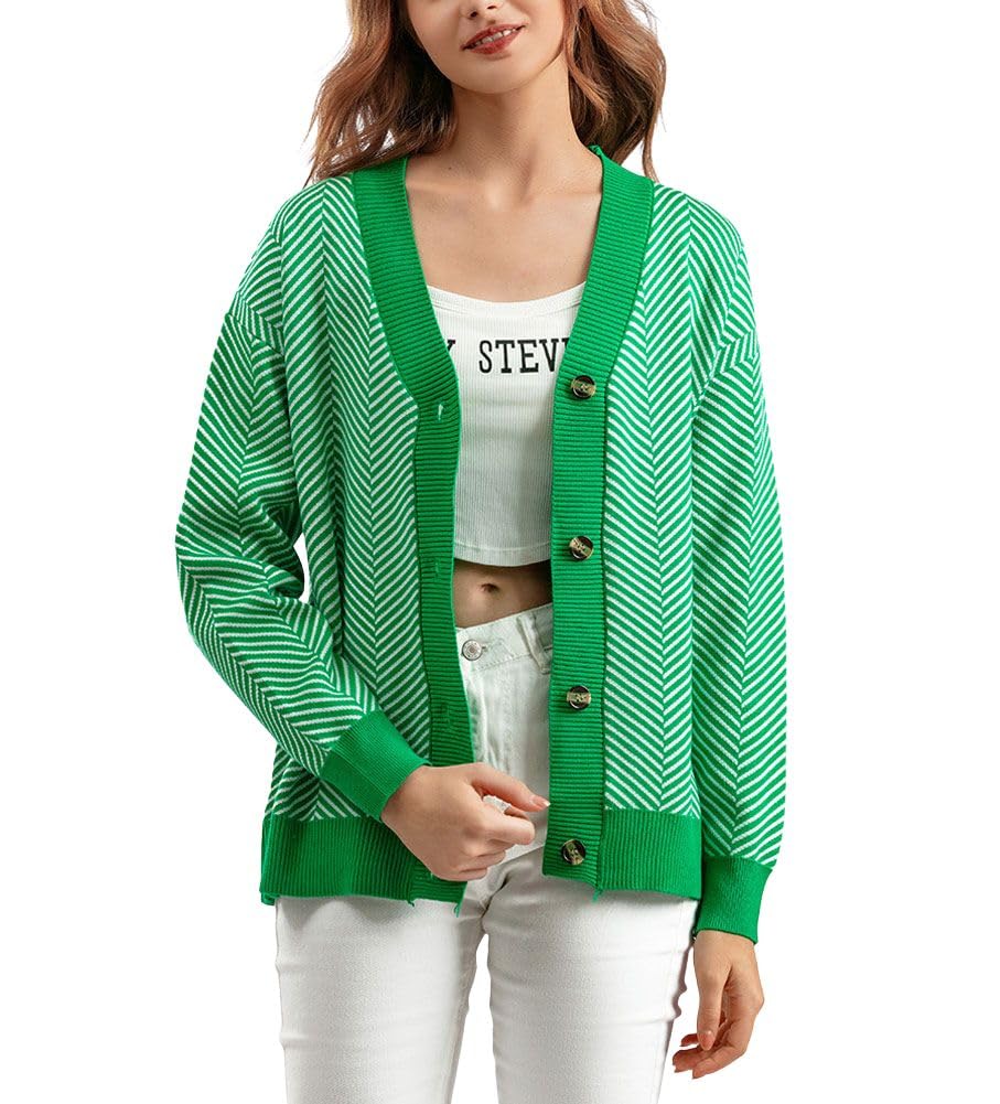 chouyatou Womens 2025 Button Down V Neck Cardigans Herringbone Striped Sweater Cardigan Jacket Outerwear Coat