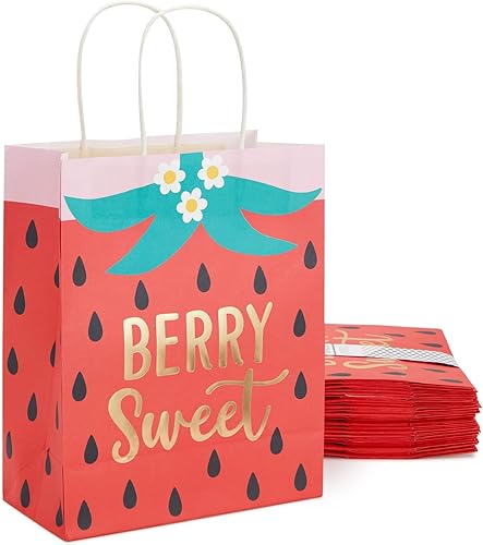 Sparkle and Bash Bolsas de regalo de fresa con asas para recuerdos de fiesta de cumpleaños de bayas dulces 10 x 8 x 4 pulgadas paquete de 24
