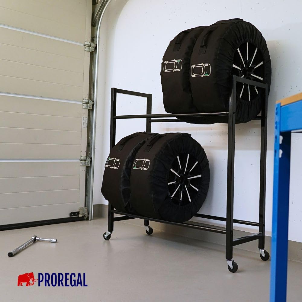 PROREGAL Carrero Étagère à pneus sur roulettes H x l x P 115 x 111 x 40 cm pour jusqu'à 8 pneus sur 2 niveaux Noir Porte-pneus avec roues Étagère de garage Étagère d'atelier Étagère de cave pour pneus