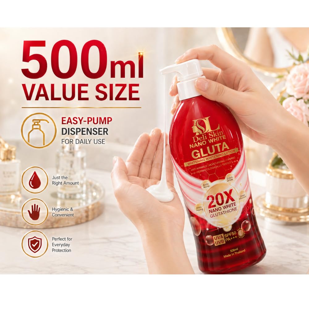 Deli Skin Nano Gluta Brightening Body Lotion 500ml – Glutathione-Enriched  Moisturiser with UVA/UVB Protection, Hydrating Daily Body Lotion for Smooth  & Radiant Looking Skin : Amazon.co.uk: Beauty