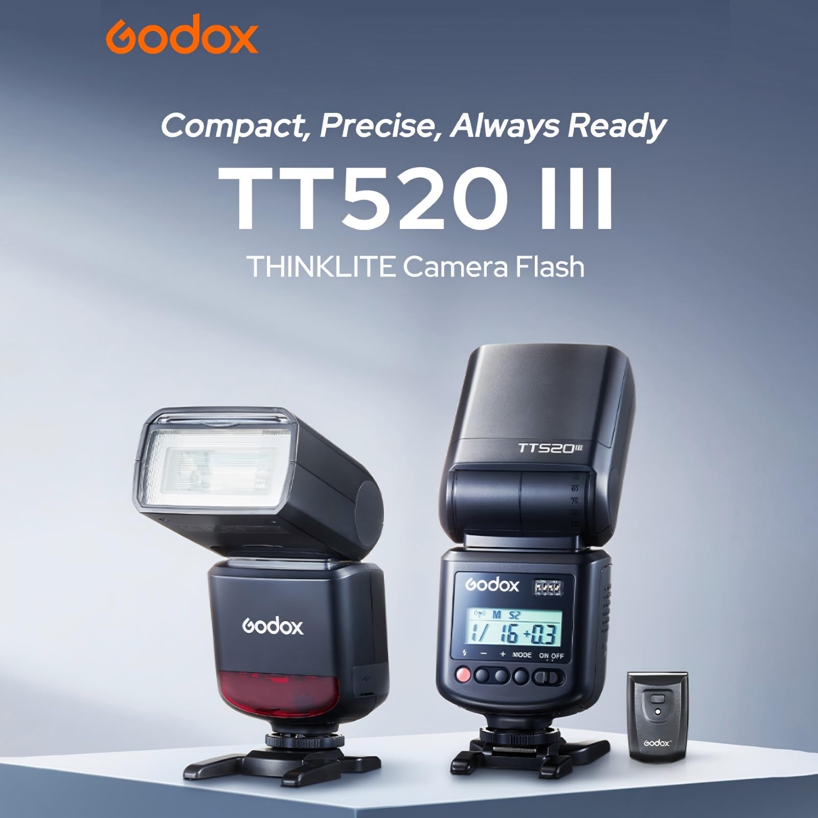 Godox TT520III Cámara flash, TT520 III Speedlite, GN33 8 niveles de potencia, disparo óptico S1/S2, tiempo de carga de 1,8 s, cabezal de giro e inclinación, compatible con Canon, Sony, Nikon, Fujifilm