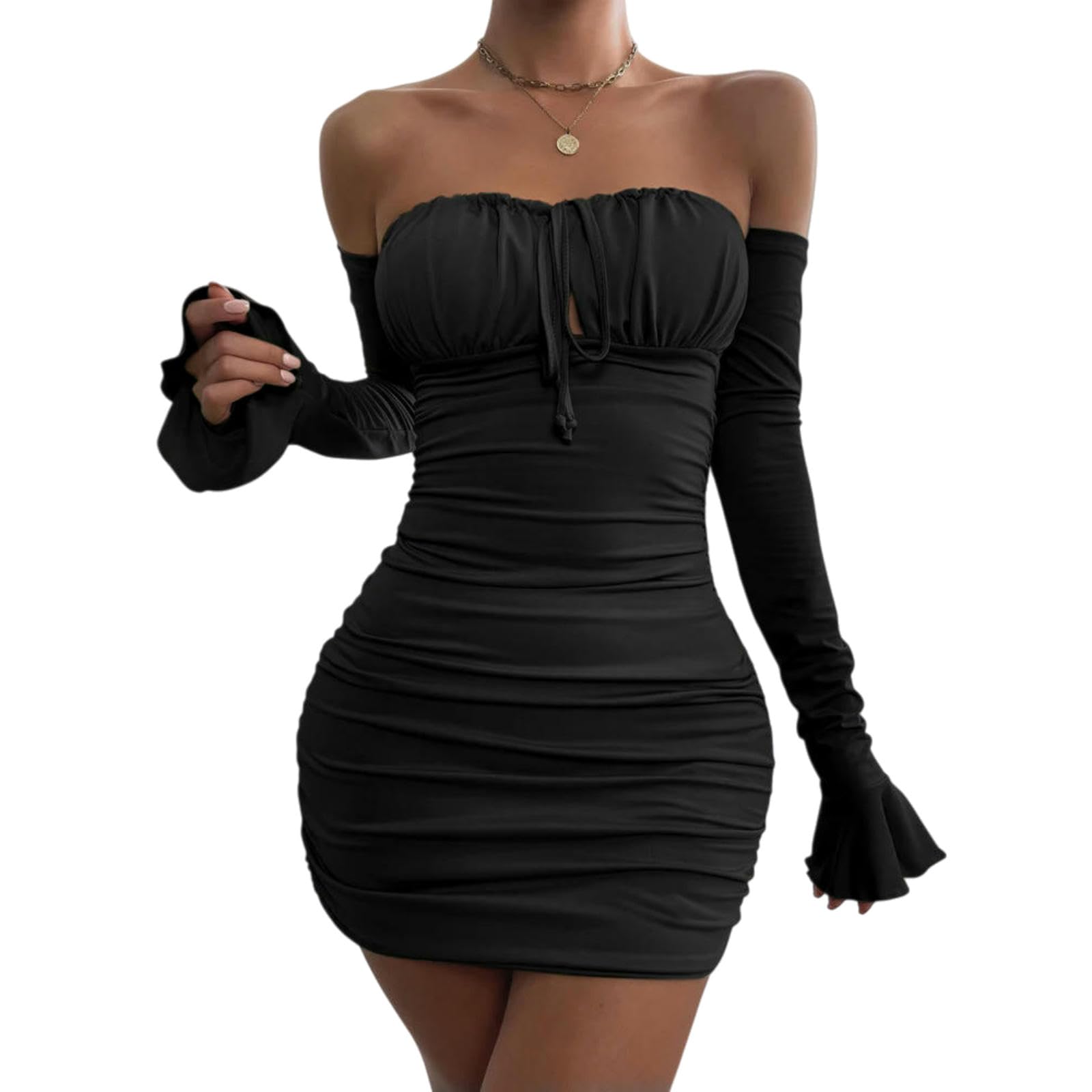 Vestito Manica Lunga Ruffle Bodycon Abito, Slim Fit Mini Outfit per Le Donne Club & Festa Serale-Green-m