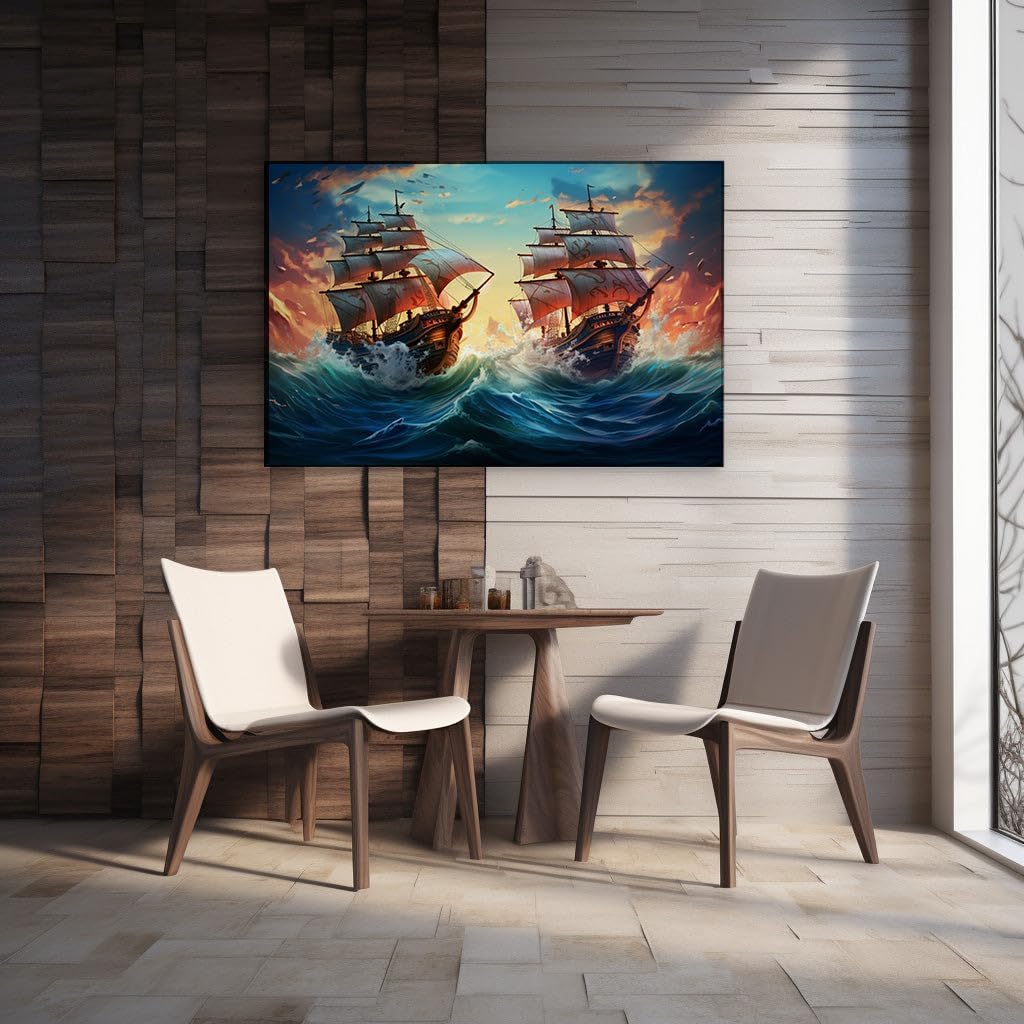 Canvas for Living room. Seagulls Above, Ships Adrift: A Maritime Standoff at Sunset, 27 x 18 inch Canvas Wall Art - Clouds - Modern Home Decor - 69x46 cm (27x18 inch)