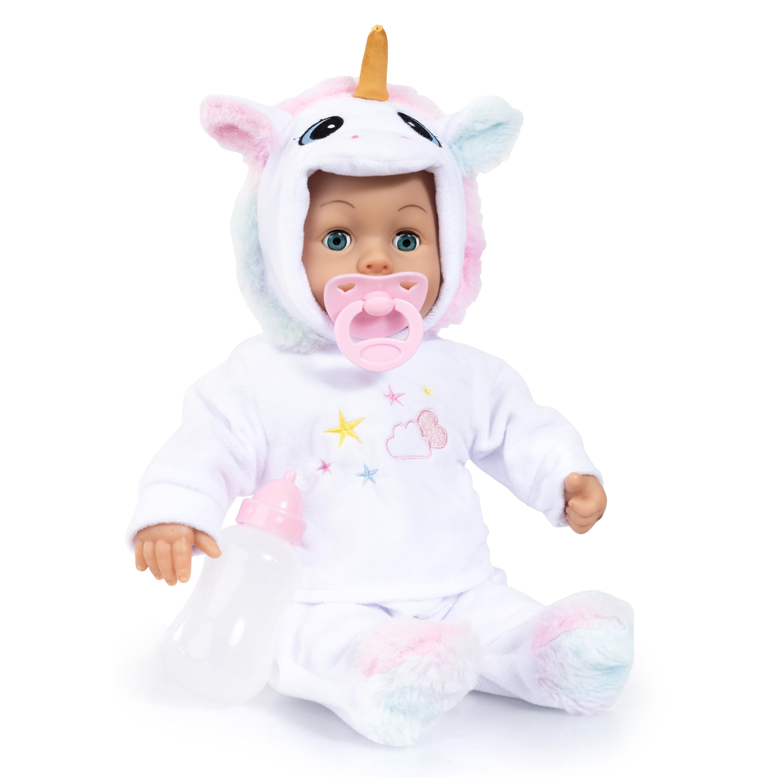 Bayer Design 93824CU Interactive baby doll, talking, soft body, sleeping eyes, cute outfit, dummy, bottle, 38 cm