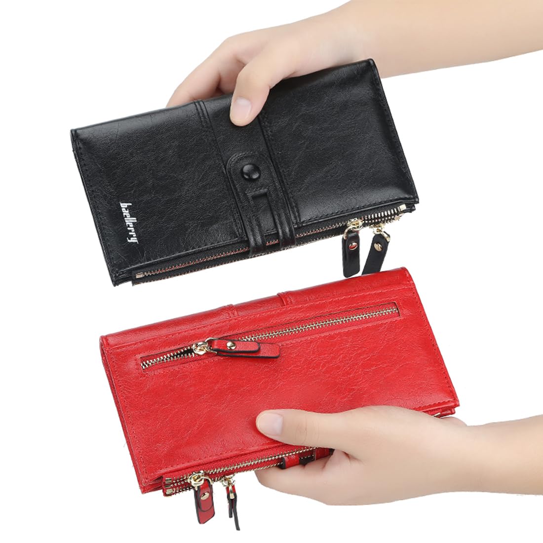 Grand portefeuille pour femme, sac à main en cuir synthétique doux, petit et sac à main pour femme dans de très belles couleurs avec de nombreux compartiments, bleu clair, mode, rouge, L