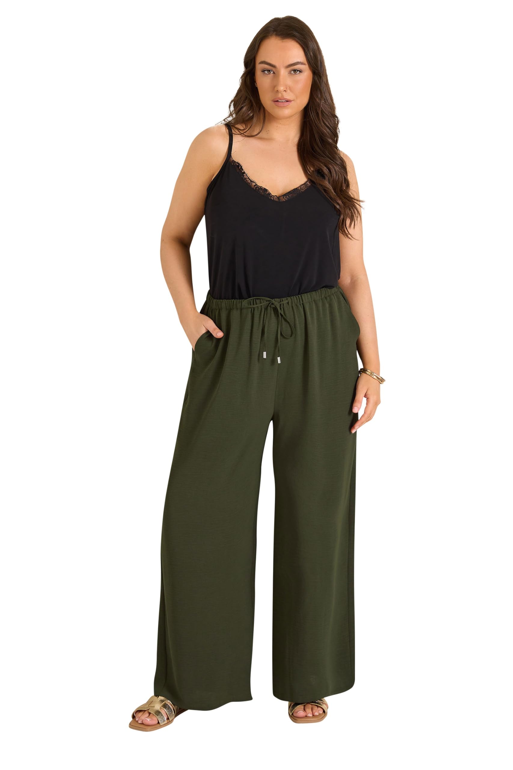 Evans Women's Green Plus Khaki Tie Waist Wide Leg Trousers Regular > 22-24 Regular Size 22-24