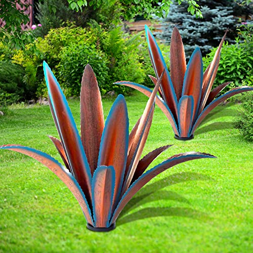 Image of TOMBABY Enlarge Thickened Wind Resistant Metal Agave Garden Art Metal Plant Country Sculpture Statue Outdoor Decoration Agave Metal Plant Courtyard Garden Lawn Ornament Gift (1, 12 Leaves Blue)