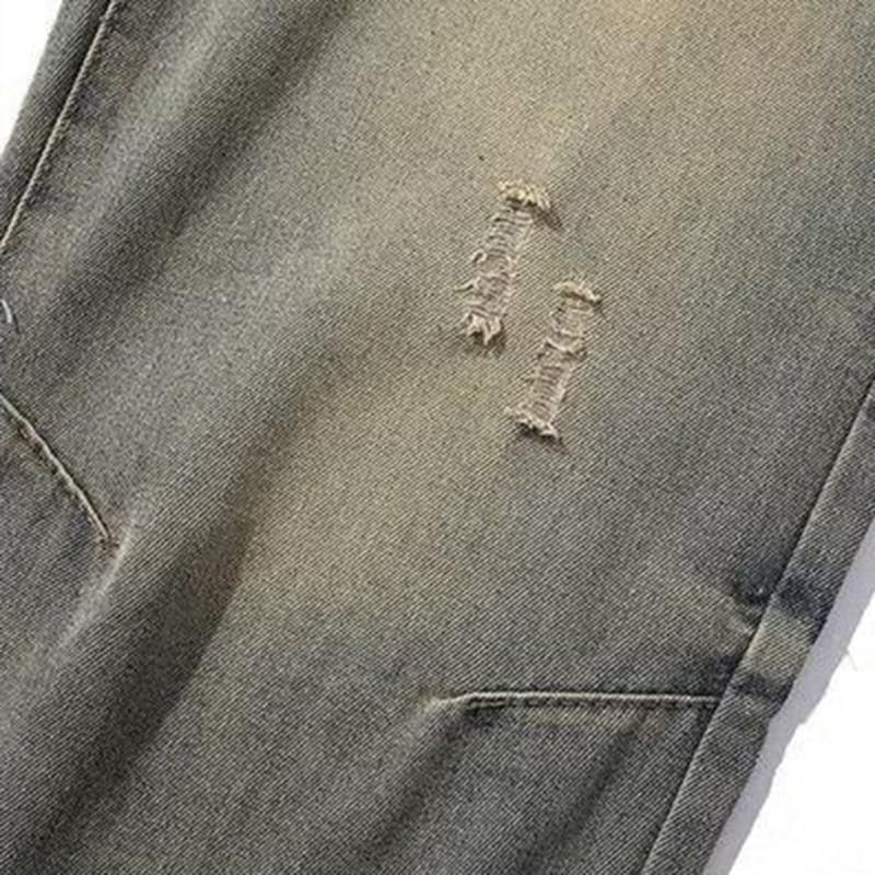 Men's Retro Washed Distressed Jeans, Loose Fit Wide - Leg Denim Pants, Mud Yellow, S - 3XL4