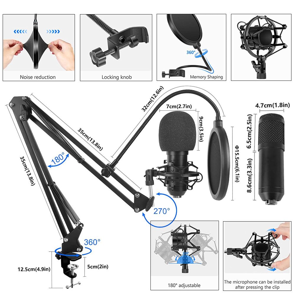 Kit Di Attrezzatura per Podcast per 2 Persone,2 Microfoni per Podcast + Cambiavoce + 2 Convertitori,Braccio a Forbice Regolabile per Microfono,Ideale per Microfono Da Gioco,Canto,Streaming Live Black