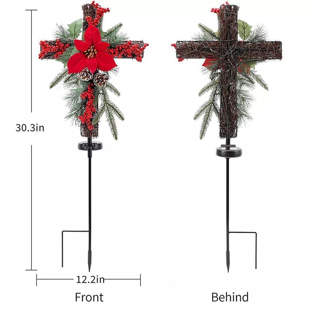 Croce Luminosa Solare Per Cimitero Con Pigne E Agrifoglio – Decorazioni Natalizie LED Da Esterno, Set Di 2