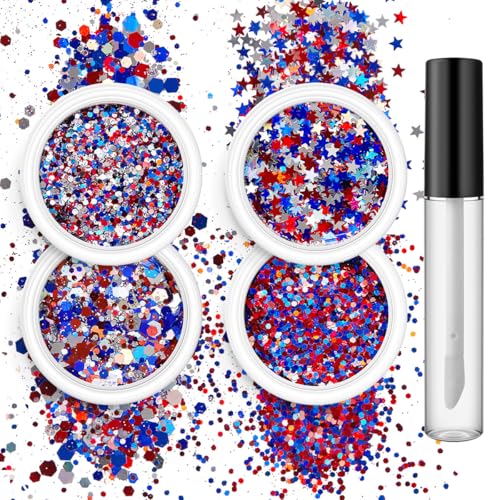Red White and Blue Body Glitter Set - 4th of July Outfit Accessories for Women & Kids, USA Flag Face Glitter with Glue, 4 Jars Holographic Chunky Patriotic Hair Glitter Sequins for Independence Day