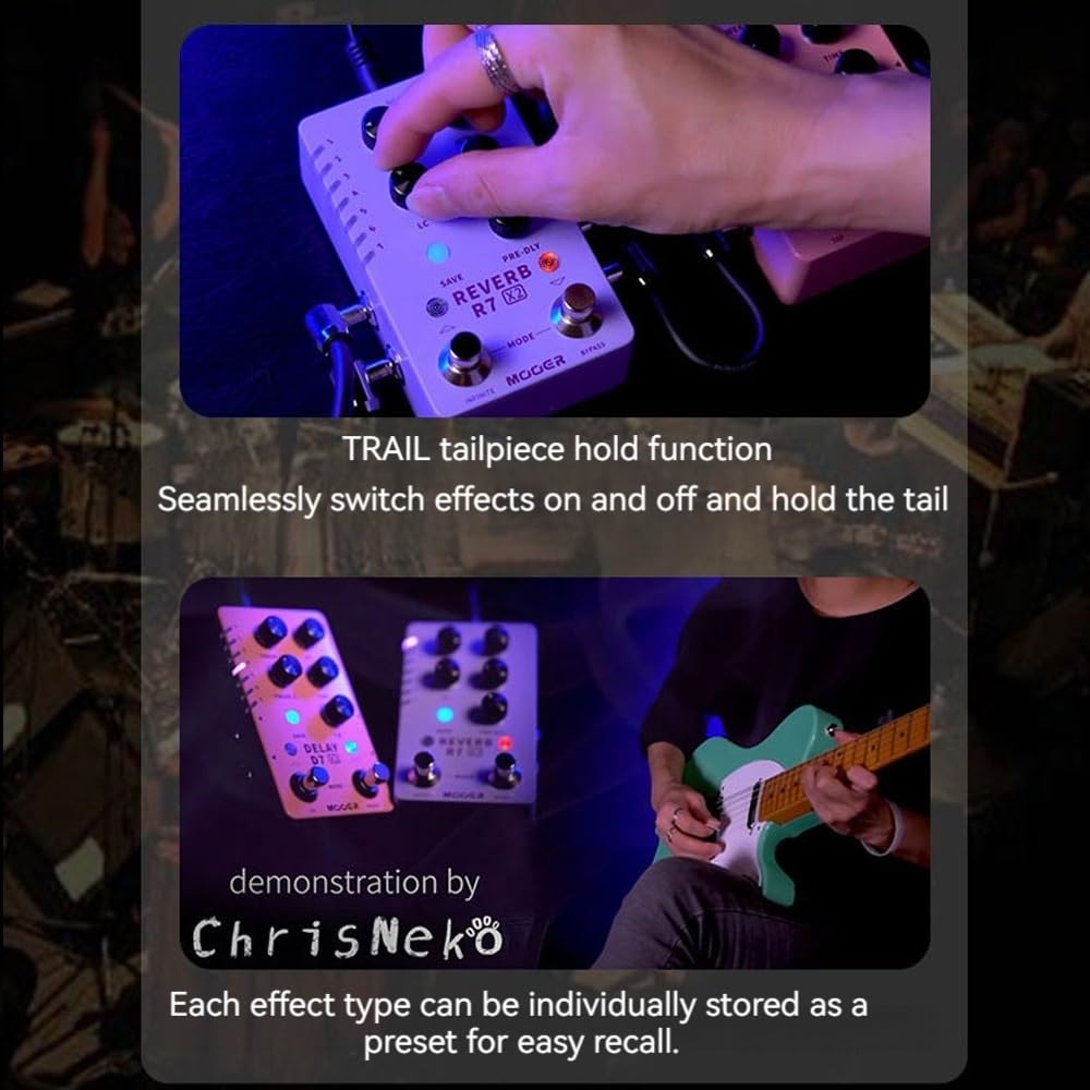 Efecto de bloque único R7X2, pedal de reverberación estéreo de clavijas dobles, efecto de guitarra eléctrica