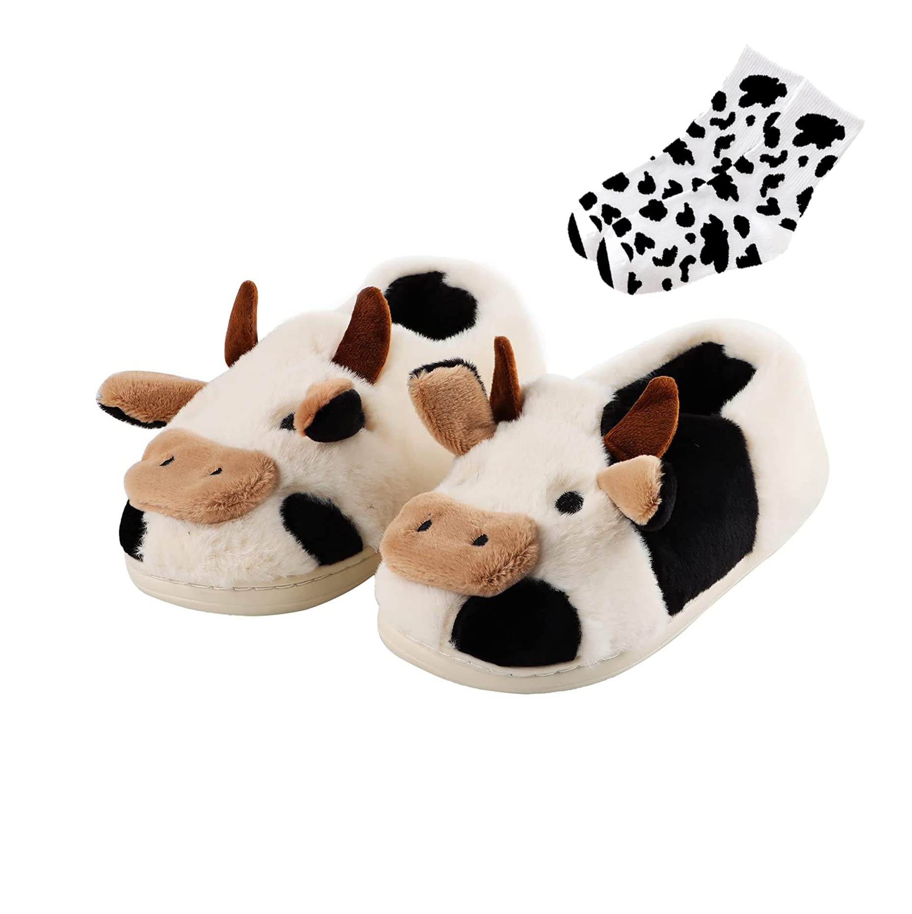 Cow Slippers For Women Cartoon Fuzzy Animal Cow Slippers Winter Warm Cozy Non-Skid Indoor Slippers