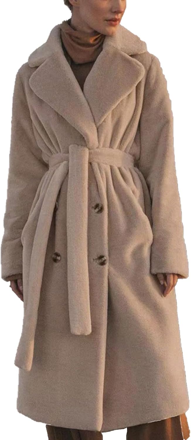 Full Long Faux Fur Trench Coat for Womens Double Breasted Pea Coats Long Sleeve Lapel Winter Shaggy Jackets with Belt