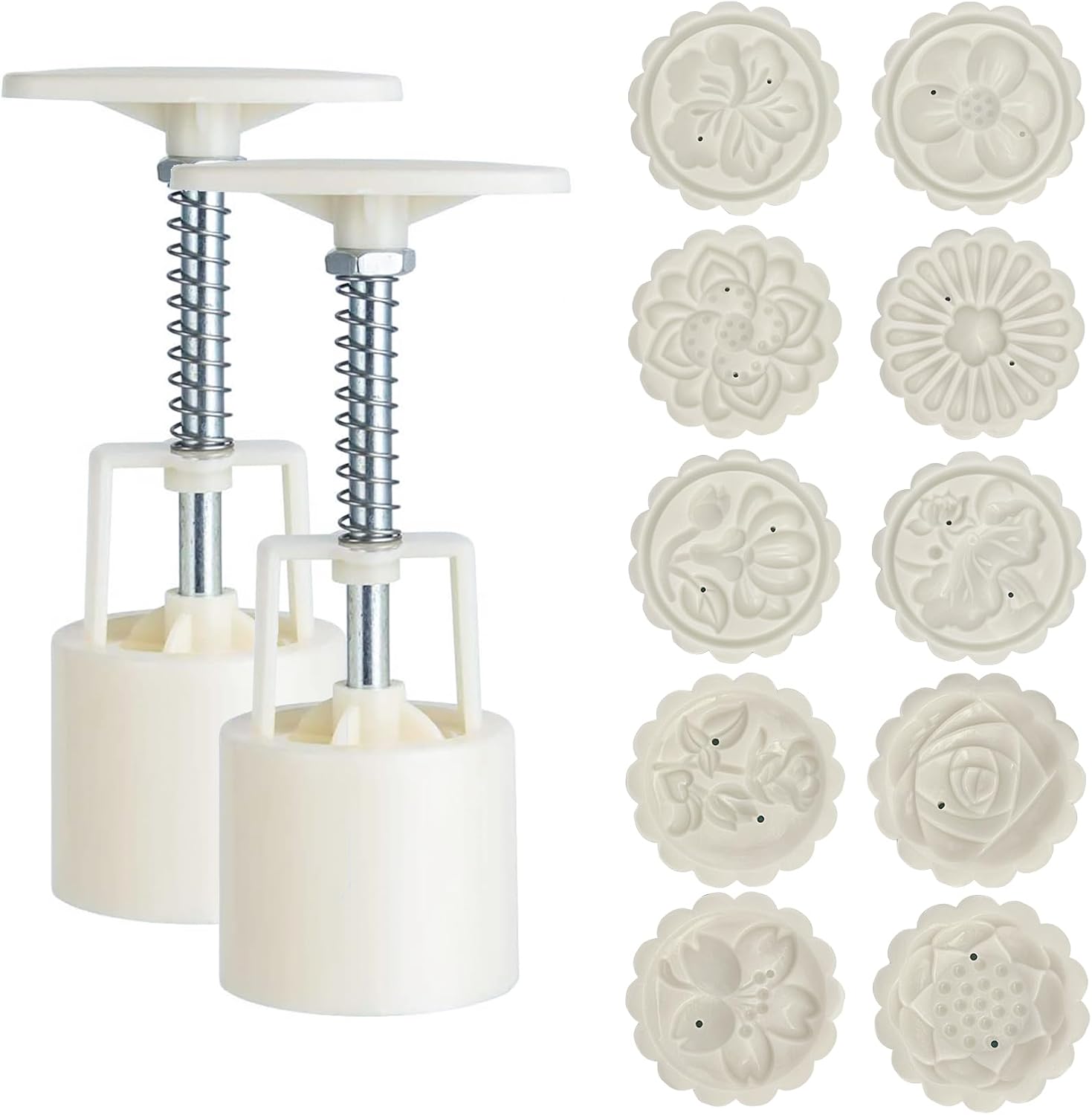Moon Cake Mould Set 50g, 12 PCS Pattern Hand-Pressure Mooncake Molds,Includes 10 pcs flower pattern base and 2 Pieces Press,Mid Autumn Festival DIY Hand Press Cookie Stamps Pastry Tool