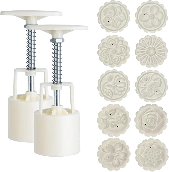 Moon Cake Mould Set 50g, 12 PCS Pattern Hand-Pressure Mooncake Molds,Includes 10 pcs flower pattern base and 2 Pieces Press,Mid Autumn Festival DIY Hand Press Cookie Stamps Pastry Tool