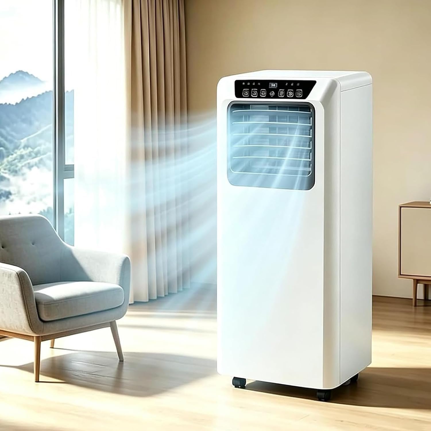 Przenośny klimatyzator 7000/9000 BTU 3w1 chłodzenie osuszacz i wentylator cicha praca 42dB panel LED timer 24h zestaw do okna do pomieszczeń 25m² klasa energety, 9000btu