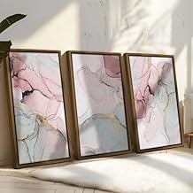 لوحات فنية جدارية من القماش الرخامي البينك بإطار ذهبي، 90 × 60 سم، مجموعة من 3 لوحات