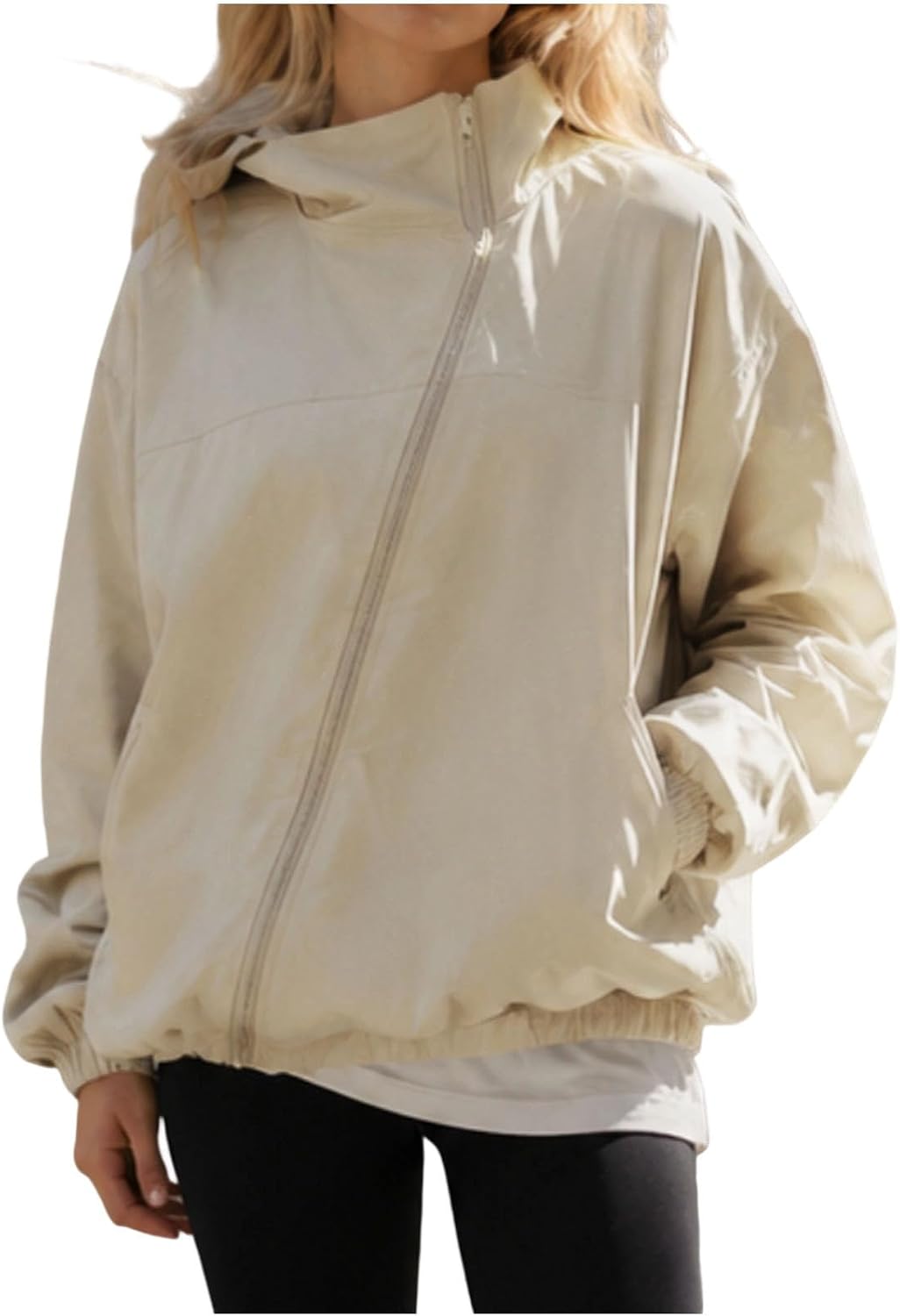 Women Stand Collar Windbreaker Jacket with Diagonal Zipper