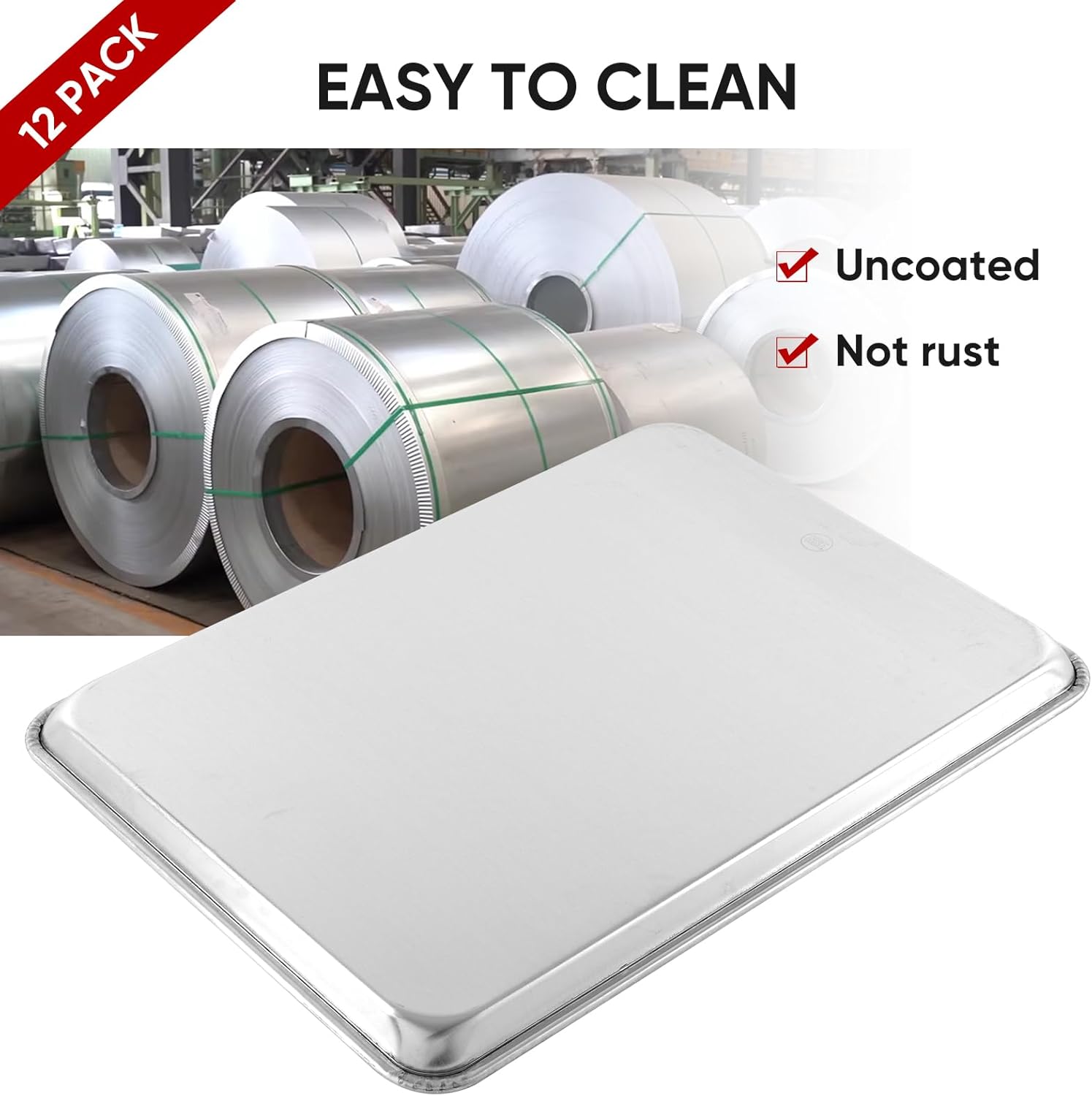 TENUP 12 Pack Aluminum Half Sheet Pan, 18" x 13" Heavy Duty Commercial Baking Tray Reinforced Rim, Warp-Resistant Rust-Free