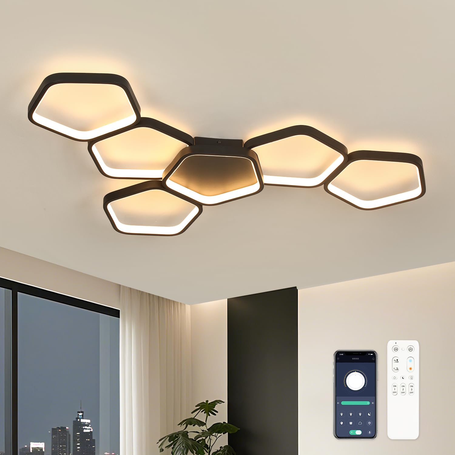 Lampara Techo Salon Regulable: 58W 3000k - 6500k Plafon LED Techo Moderna con Control Remoto y App para Dormitorio Cocina Comedor,Negro(90CM)