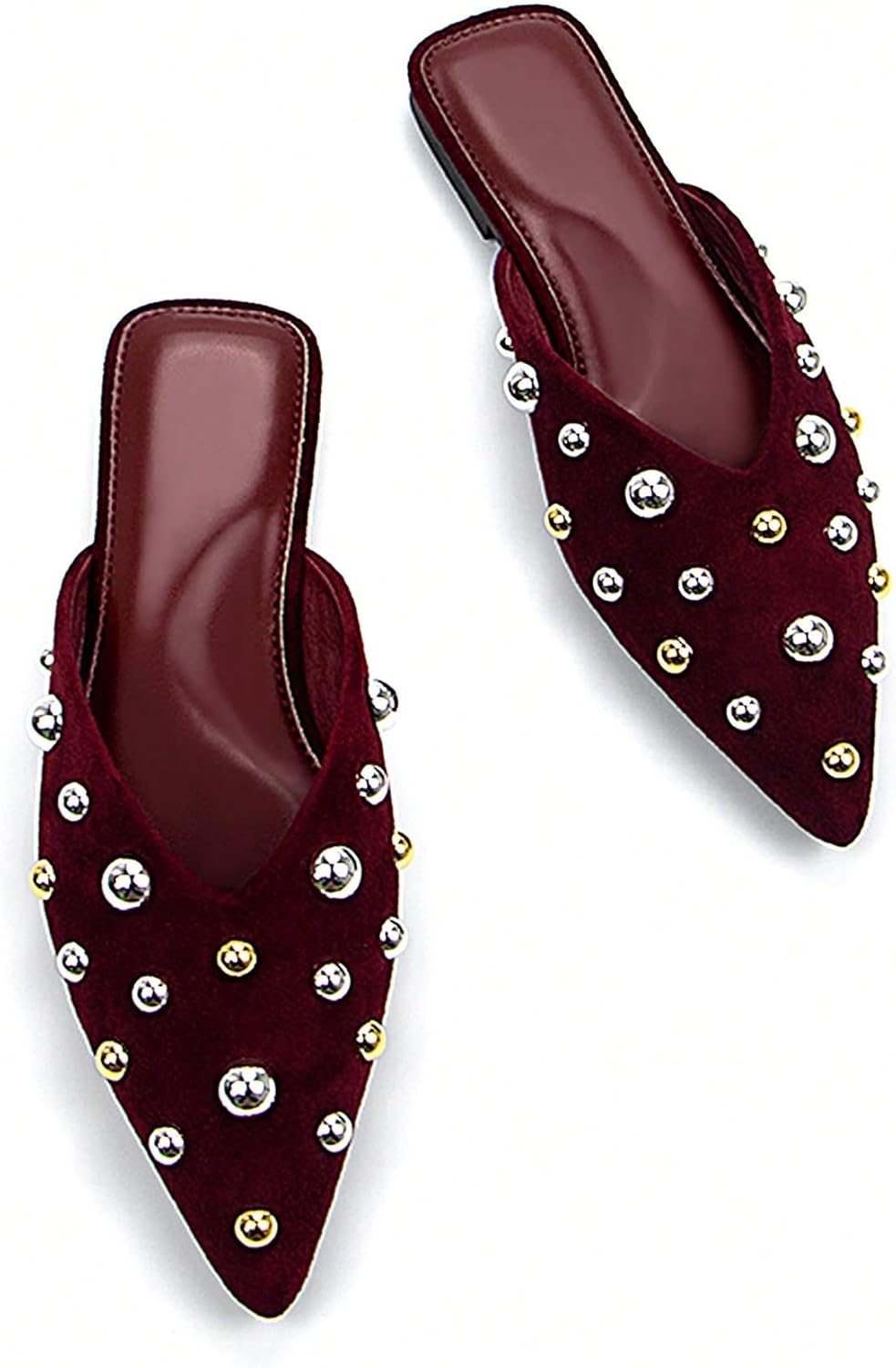 Mules for Women Pointed Toe Shoes Studded Mules Slip on Faux Leather Flat Sandals Dressy Shoes - Image 3