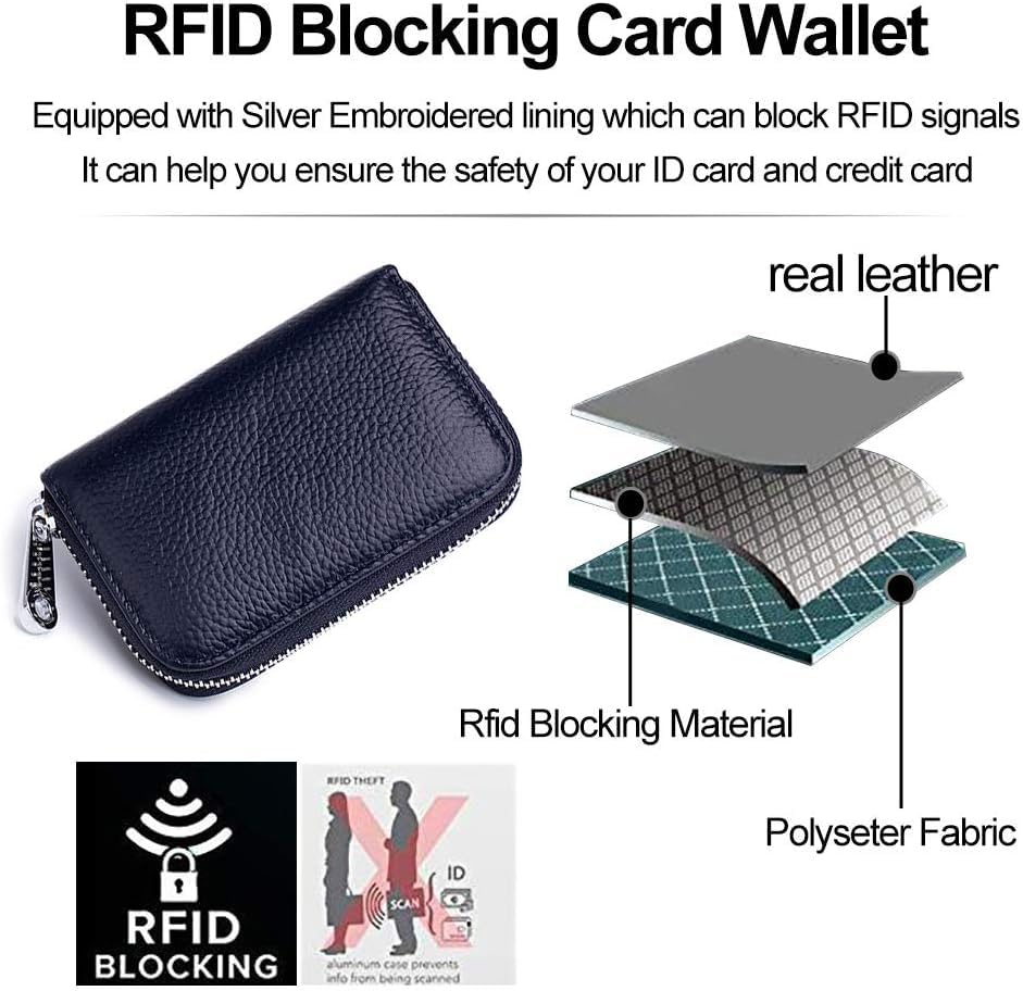 Image of VOGARD Unisex RFID Blocking Leather Card Holder Wallet with Zip Closure | 12 Card Slots & Cash Pocket | Compact Accordion Credit Card Organizer for Men & Women (Navy Blue)