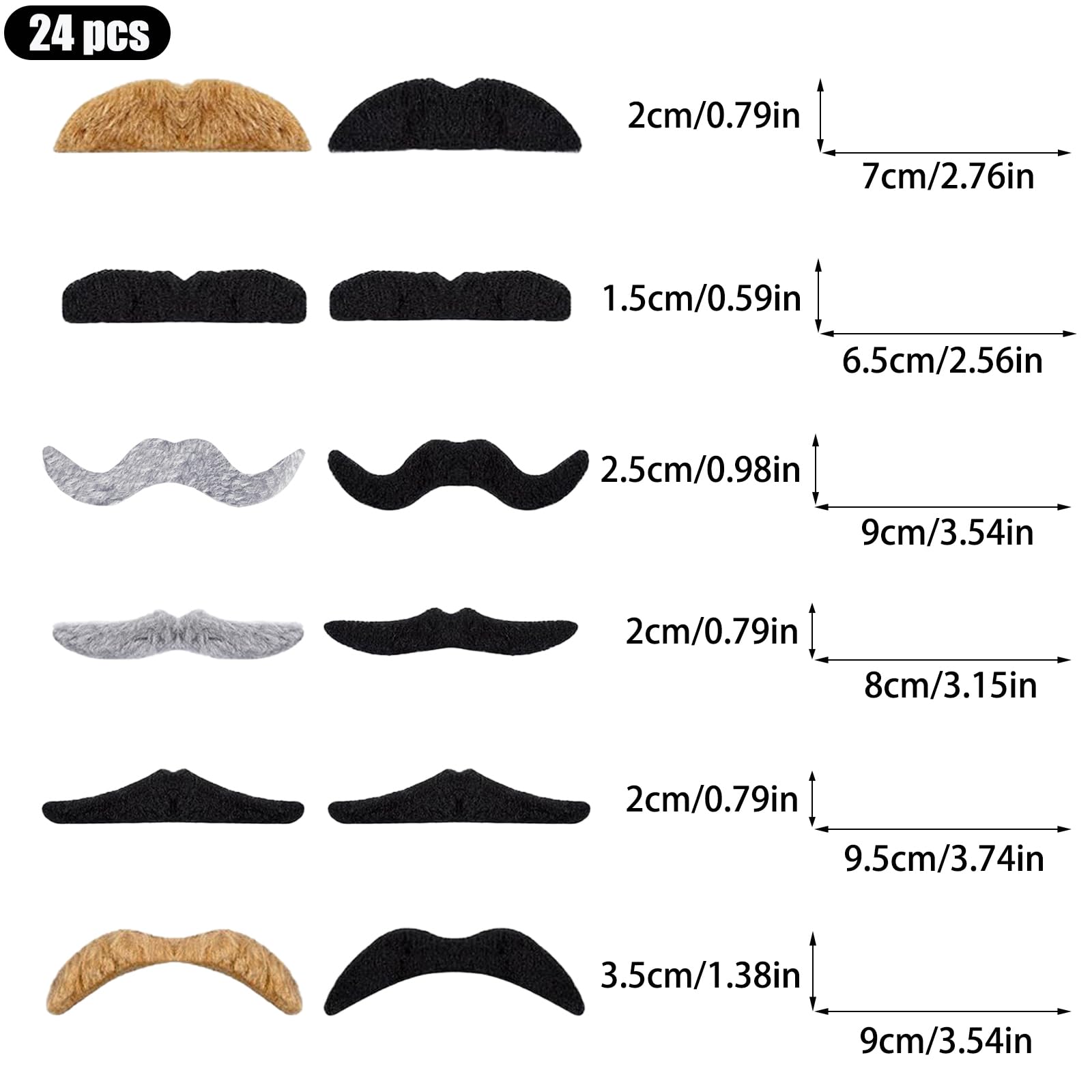 24 Pezzi Baffi Finti da Attaccare Autoadesivi, Baffi Finti Bambino Uomo Donna, Simulazione per Balli in Maschera, Compleanni, Costumi, Spettacoli, Halloween, Feste di Natale