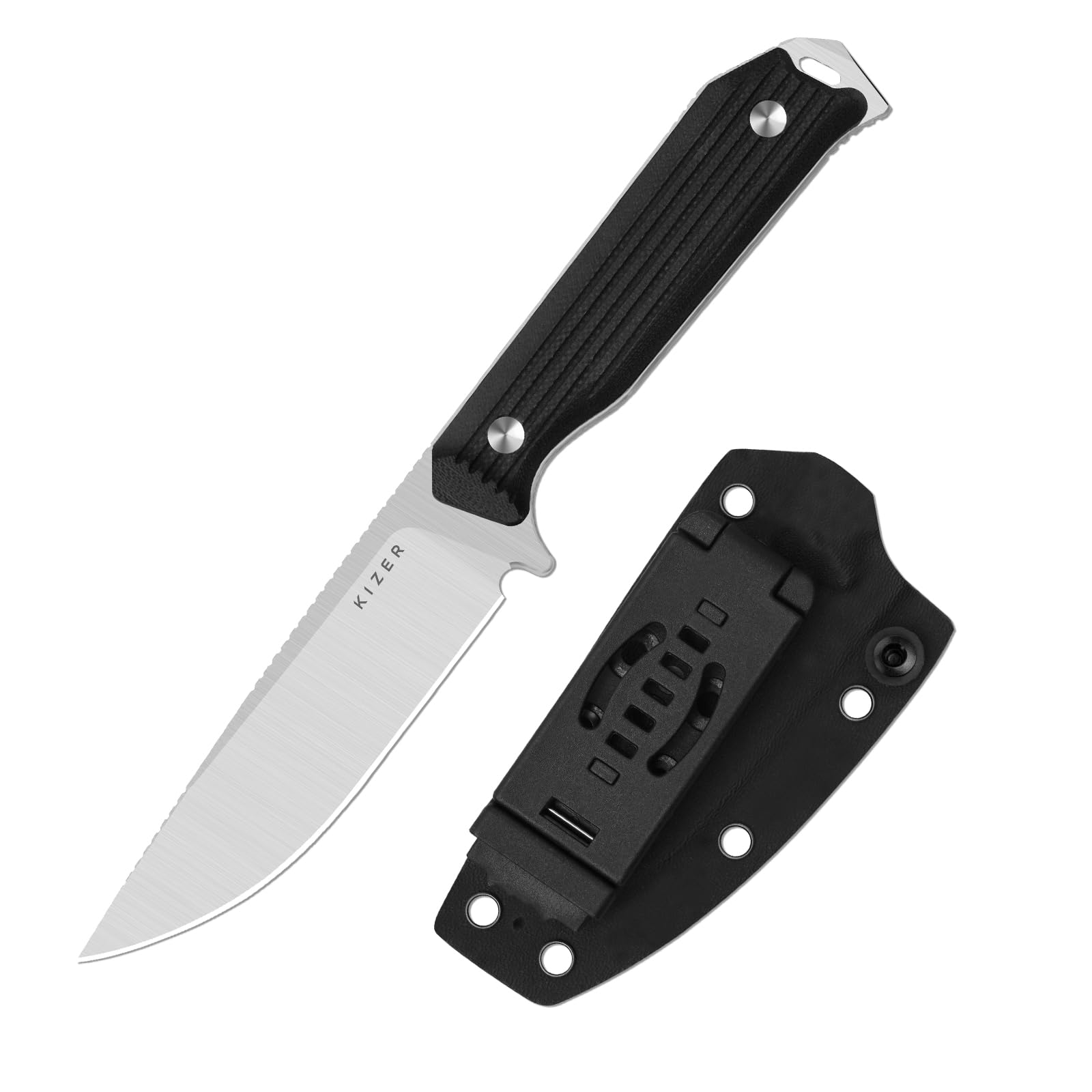 Kizer Begleiter Fix Cuchillo de Hoja Fija, Hoja AEB-L de 3,78" con Punta Descendente, Funda Kydex, Mango G10 Negro, Cuchillo EDC para Camping, Caza y Supervivencia 1045MD2
