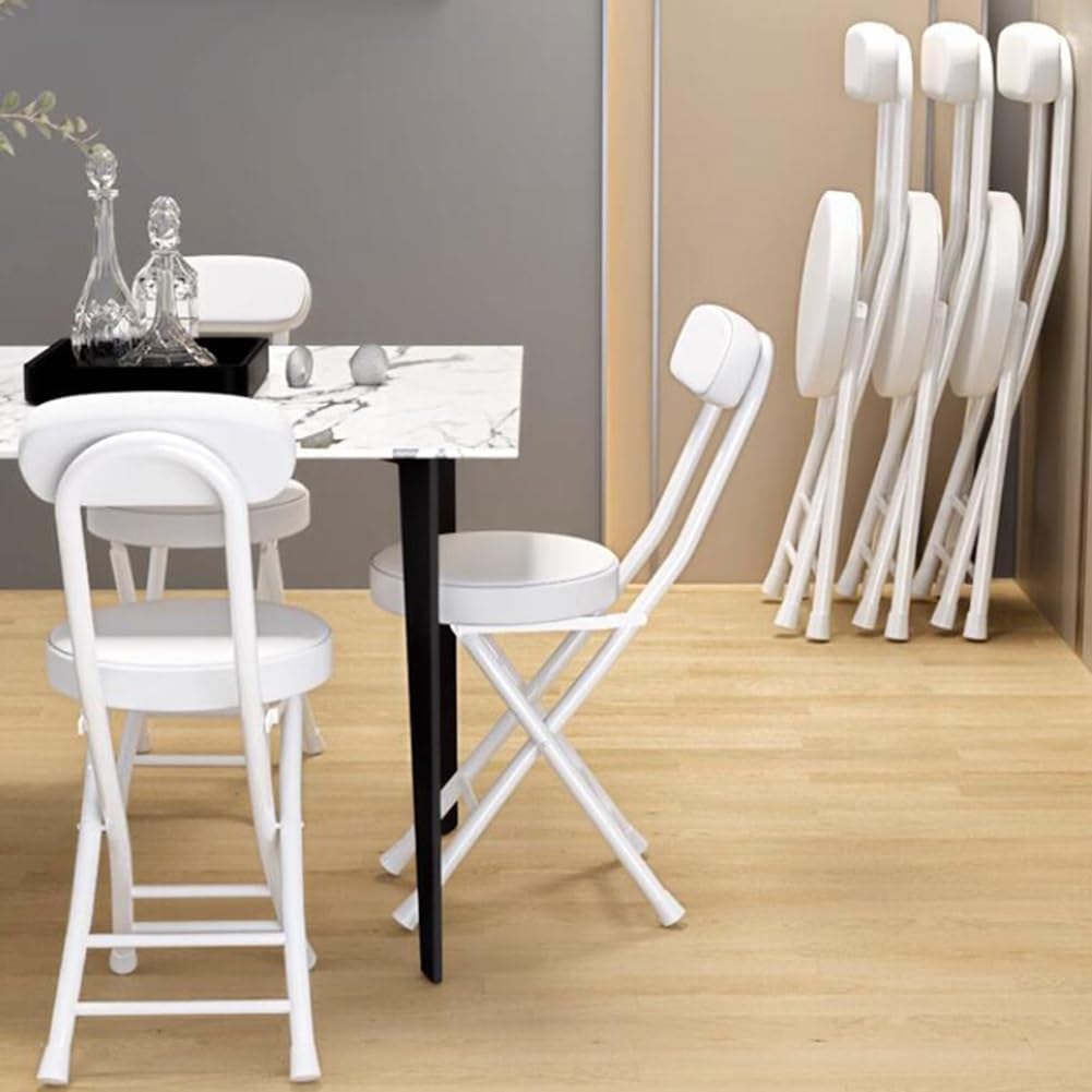 Taburete Plegable de 45cm con Respaldo y Reposapiés,Taburete de Desayuno con Asiento Acolchado Redondo Portátil para Cocina, Comedor, Oficina,Taburete de Bar Plegable (Color : Blanco)