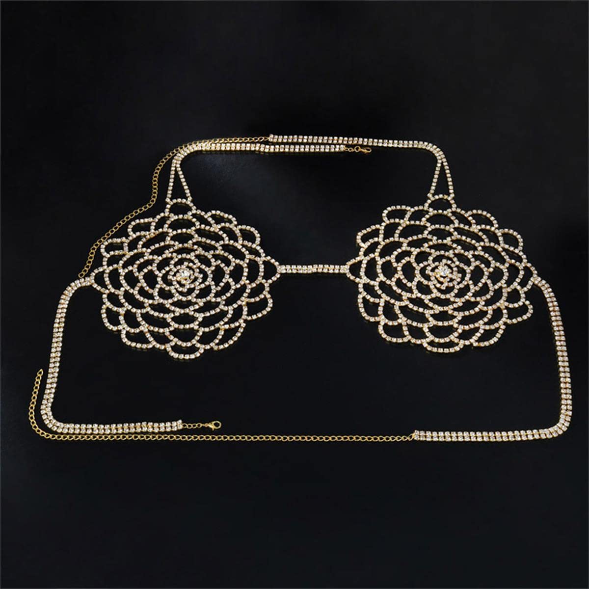 Body Chain Flowers Chest Chain Rhinestone Fringed Bra Chain Crystal Bikini Lingerie Woman Sexy Nightclub Clothing (Golden)