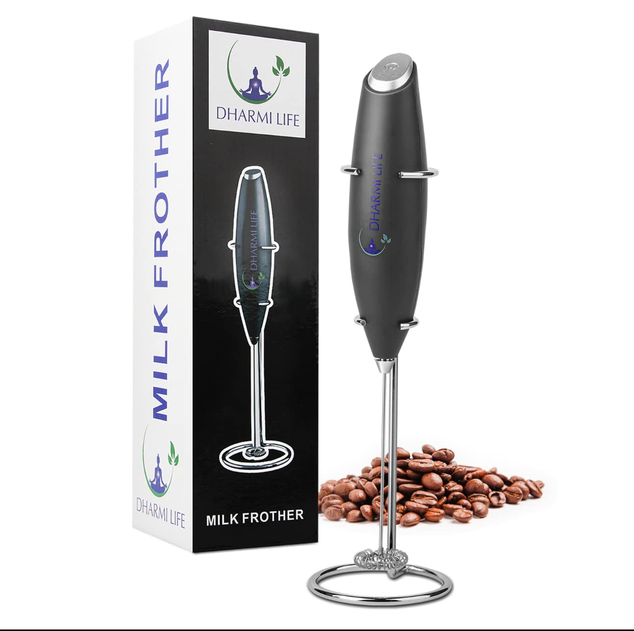 Dharmi LifeMilk Frother Handheld. Battery Operated Electric Foam Maker for Coffee, Hot Chocolate, Latte, Cappuccino. Stainless Steel Stand Included (BLACK)