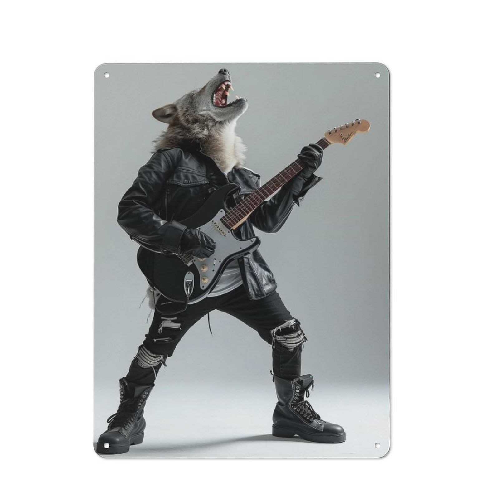 Junmoney Style-19 Metal Wall Sign 40X30cm Featuring Wolf Guitar For Café Or Home Bar, A Decorative Gift For A Newly Furnished Café And Home Bar