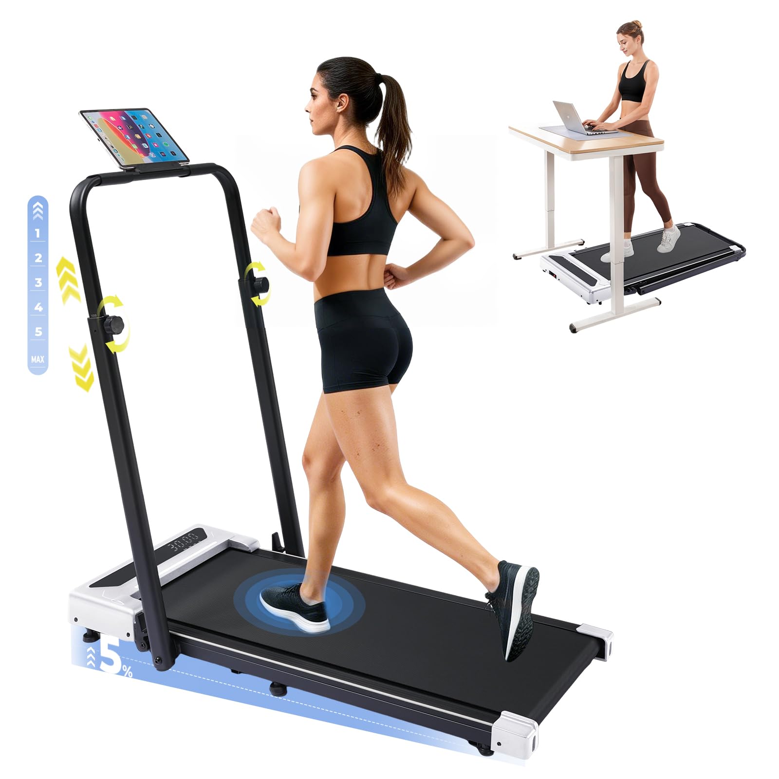 GORISE Walking Pad Treadmill with Adjustable Height Handle Bar, 3HP Quiet Foldable Under Desk Treadmill, Portable Treadmills for Home 350LBS with