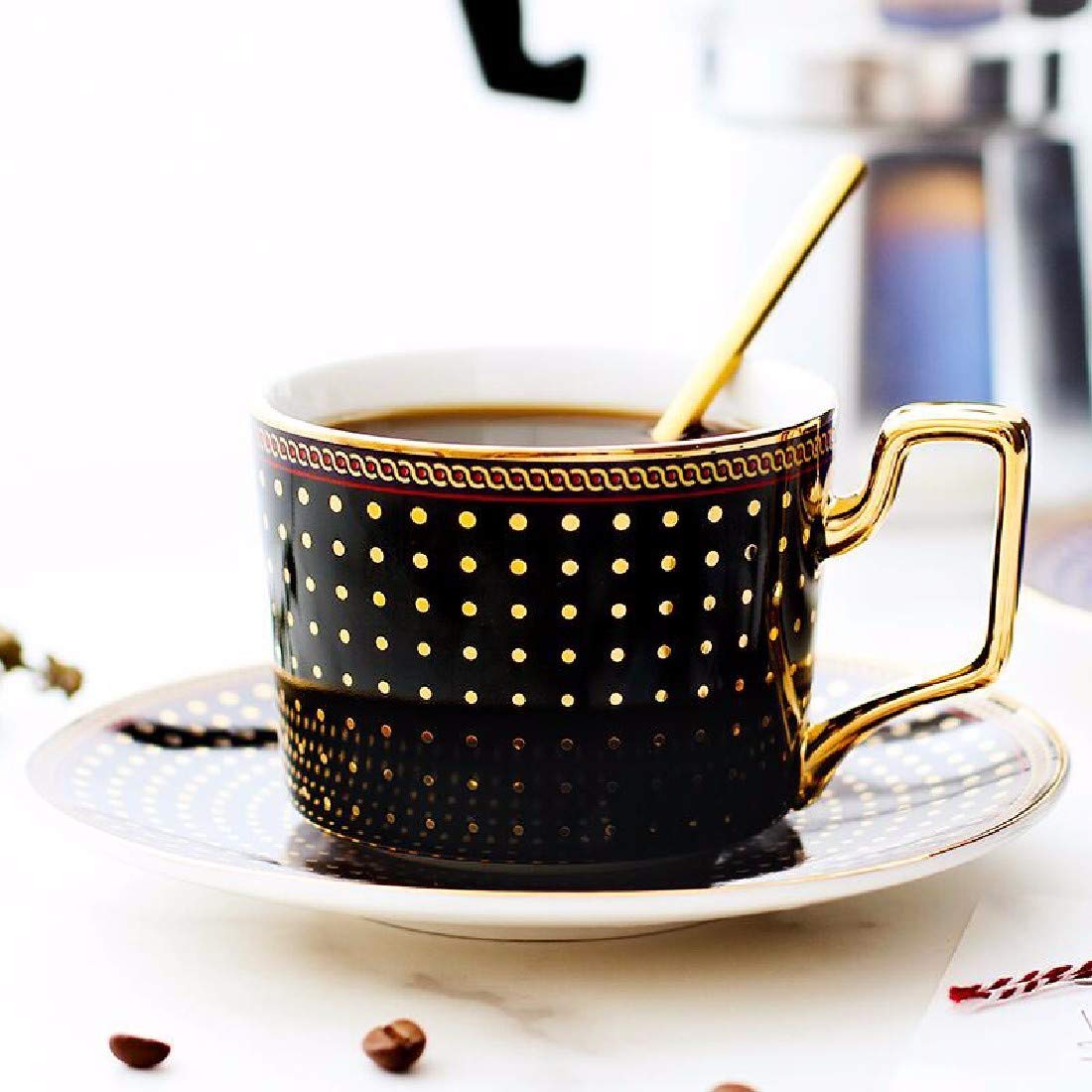 ZPSPZ Coffee Cups European Style Coffee Cup Saucer Sets, Phnom Penh Ceramics, Household Compact, Cups, Saucers, Spoons Spoons,Black