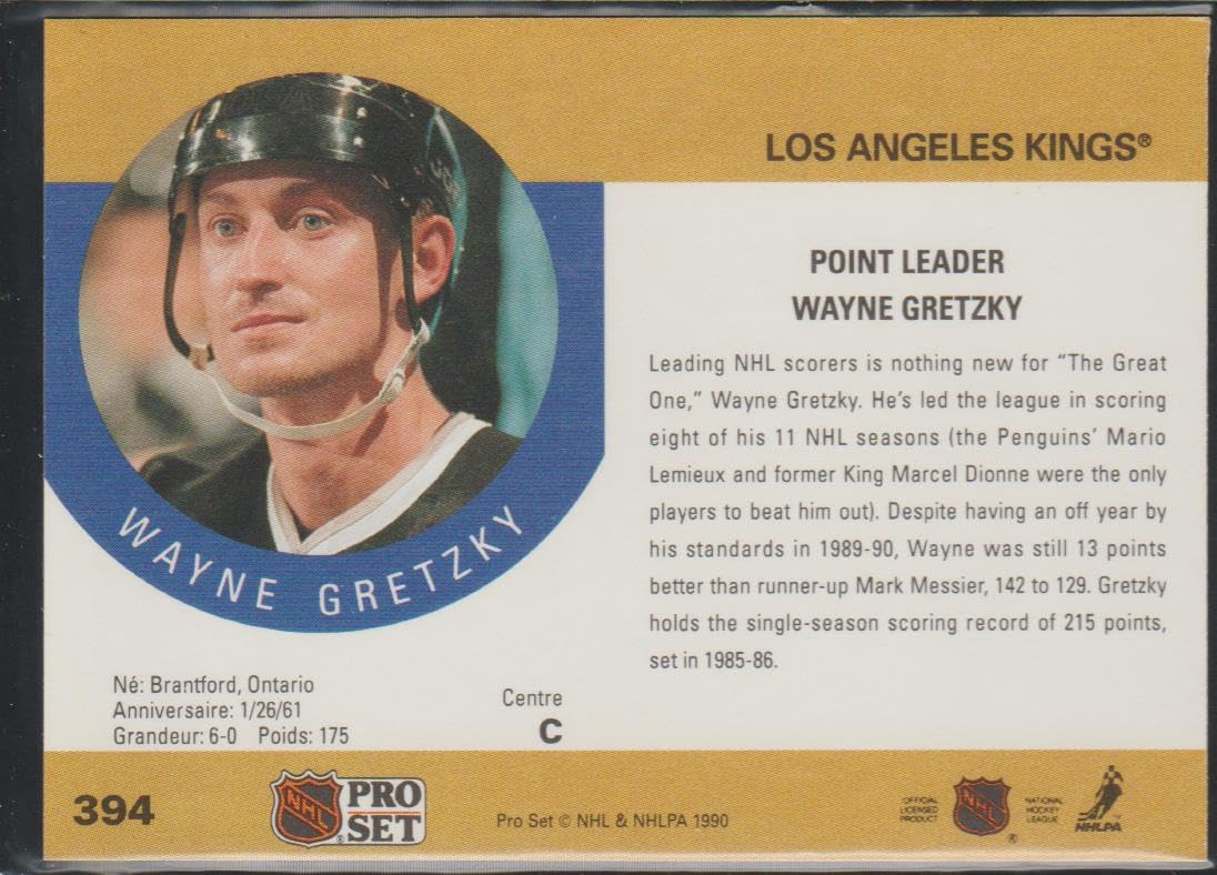 Amazon.com: 1990 Pro Set Wayne Gretzky Kings Point Leader Hockey Card #394  : Everything Else