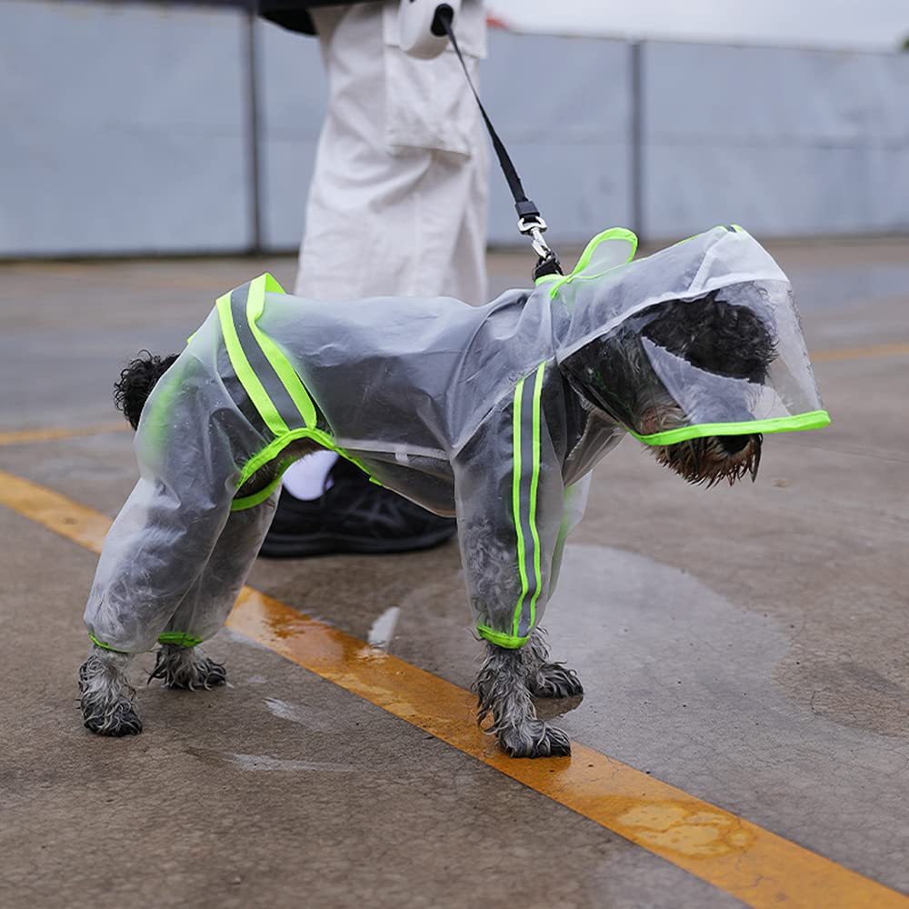 Impermeabile for Cani con Cappuccio a Quattro Zampe, Impermeabile, Riflettente, Trasparente, Fluorescente, for Cani.,Impermeabile per Cani(Green,M)