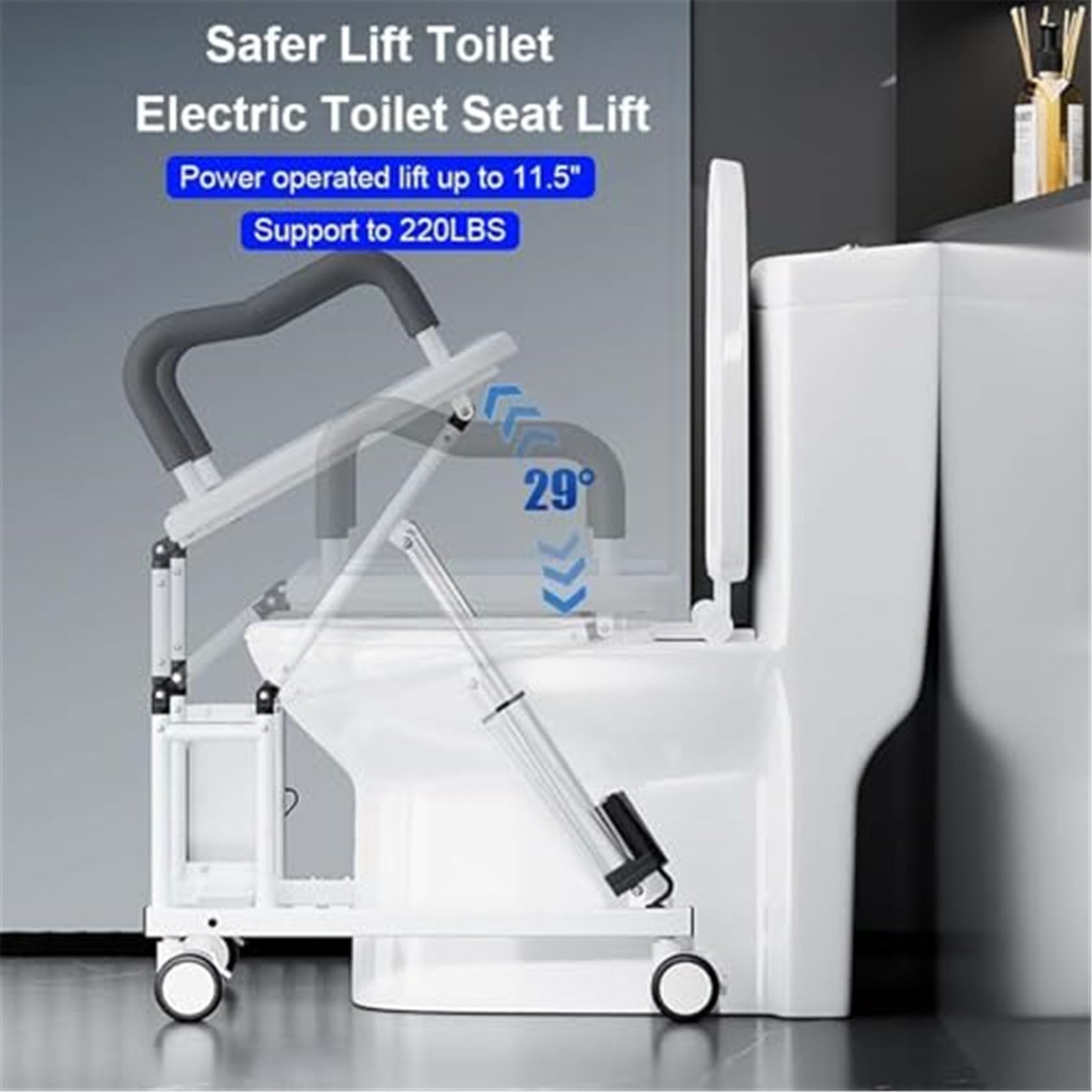 Rialzo per WC, Sedile Elettrico per WC con braccioli Antiscivolo e Ruote a 360°, Angolo di Sollevamento di 29°, capacità di carico di 220 libbre, Sedile WC rialzato Mobile