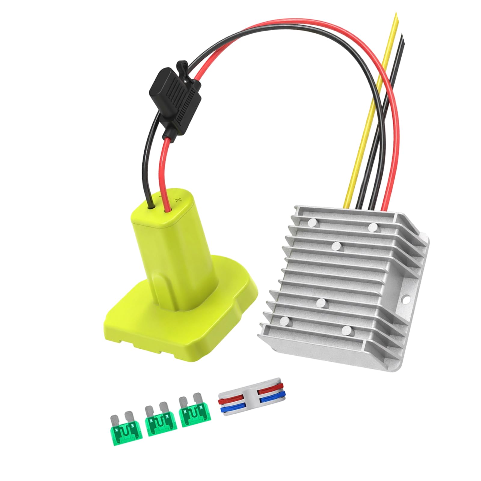 Adaptador de corriente de batería para salida de 12 V, convertidor de cable directo con base ABS y carcasa de metal con aletas para tareas de cableado