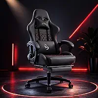 Cadeira Gamer de Escritório Ergonômica com Apoio para Pés, Reclinável, Almofadas Lombar e Pescoço, Base Nylon 50mm, Suporta 150kg (Preto)